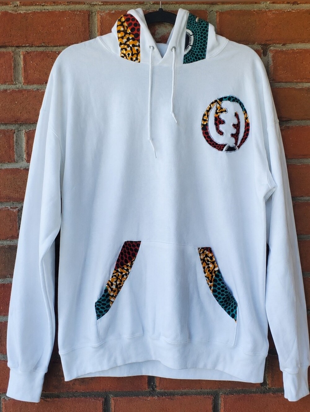 White Crewneck Hoodie with Multicolor Accent Patches